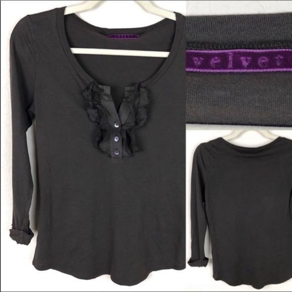 Velvet Tops - Velvet- Brown tee shirt. Three button with ruffle front.